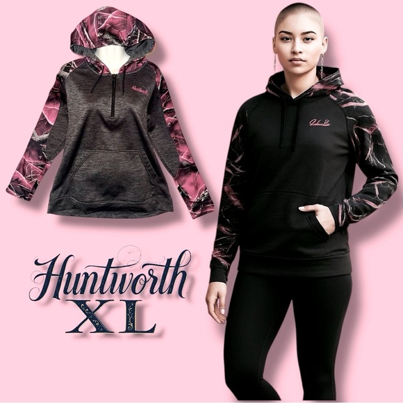 Huntworth Women's XL Pink Gray Camo Fleece Lined 1/2 Zip Pullover Hoodie Jacket - Picture 1 of 16